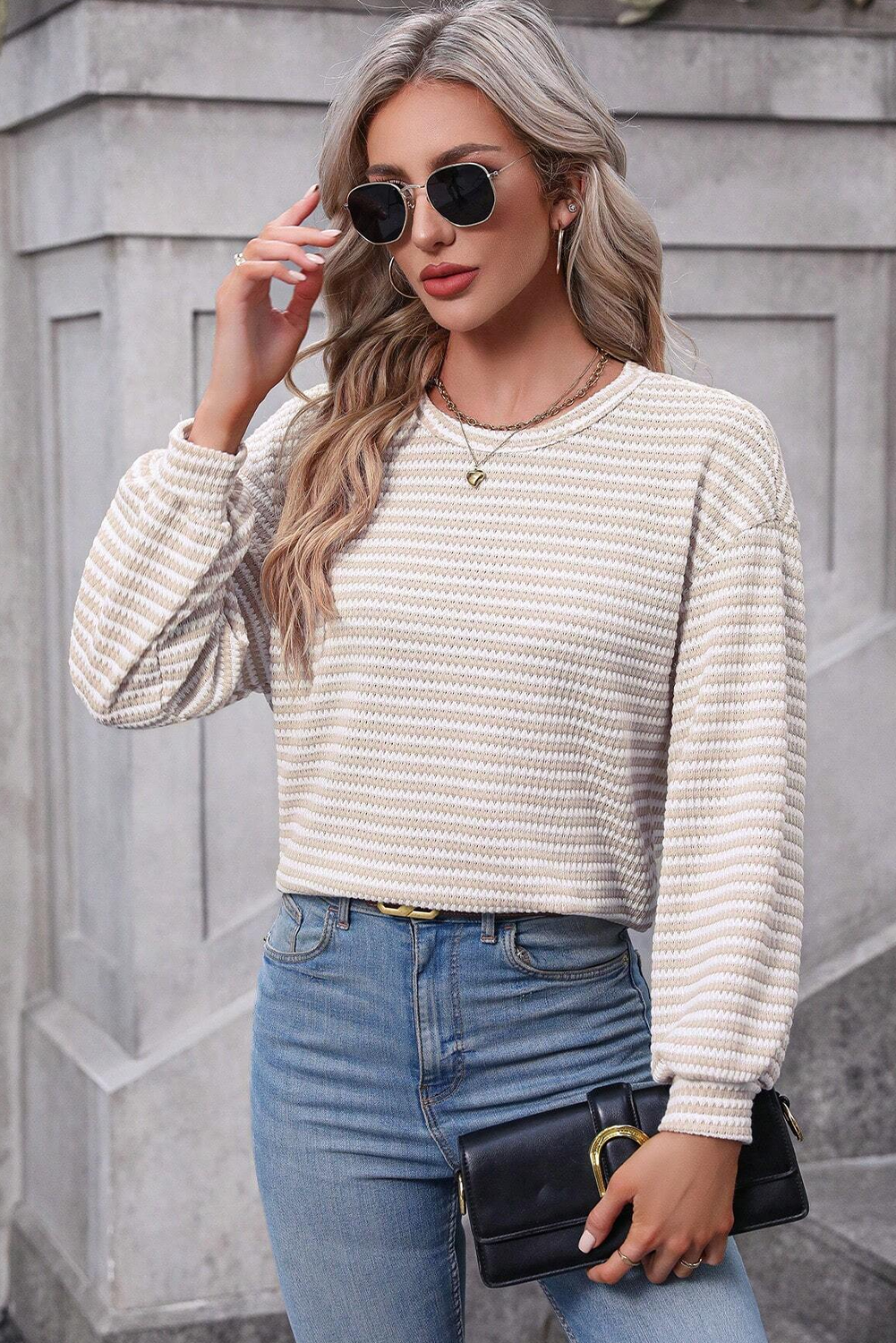 Khaki Stripe Round Neck Drop Shoulder Long Sleeve Top Long Sleeve Tops JT's Designer Fashion