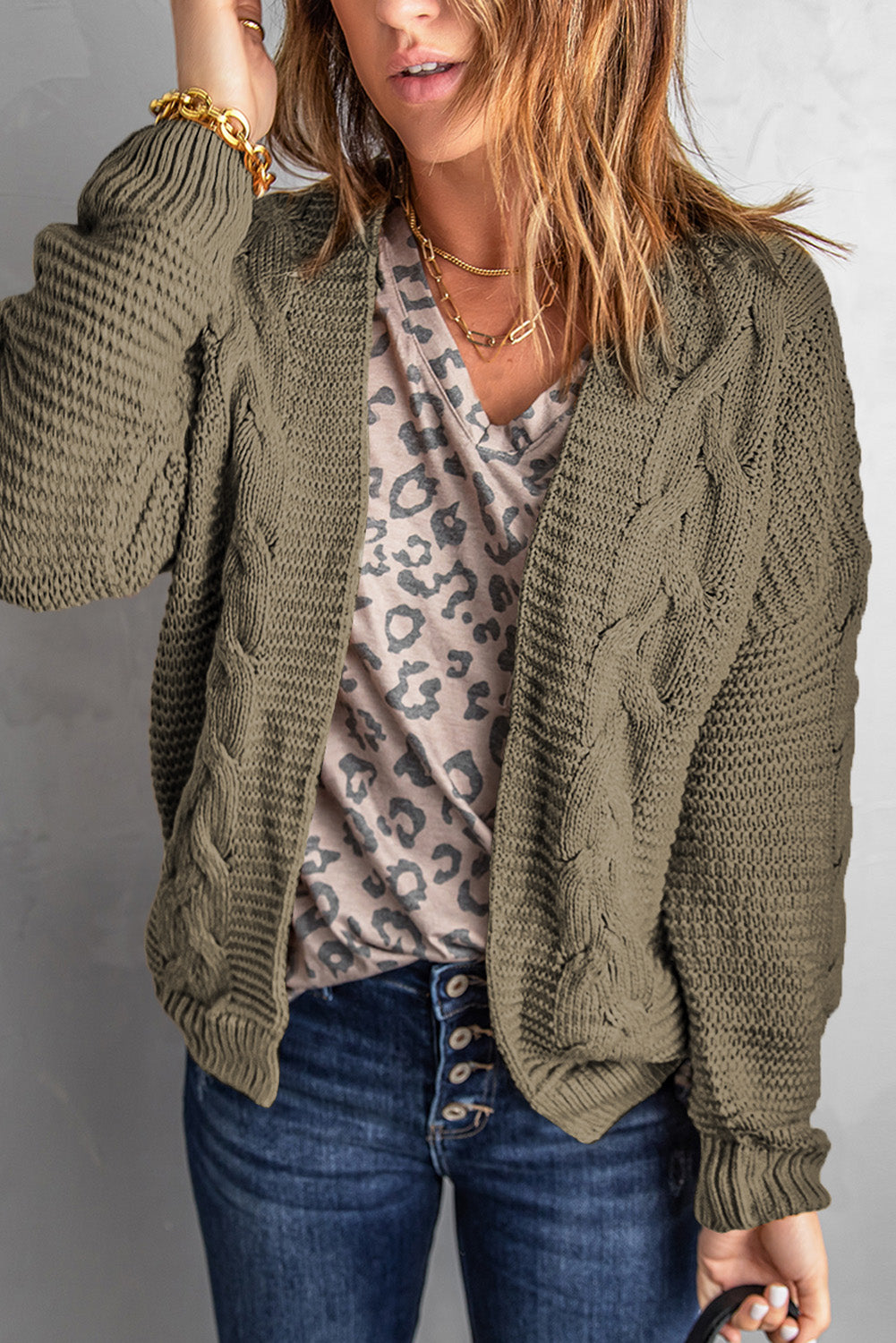Olive Chunky Wide Long Sleeve Knit Cardigan Sweaters & Cardigans JT's Designer Fashion