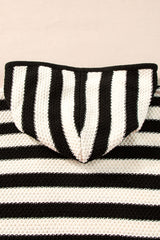 White Stripe V Neck Pocketed Drawstring Hooded Sweater Sweaters JT's Designer Fashion