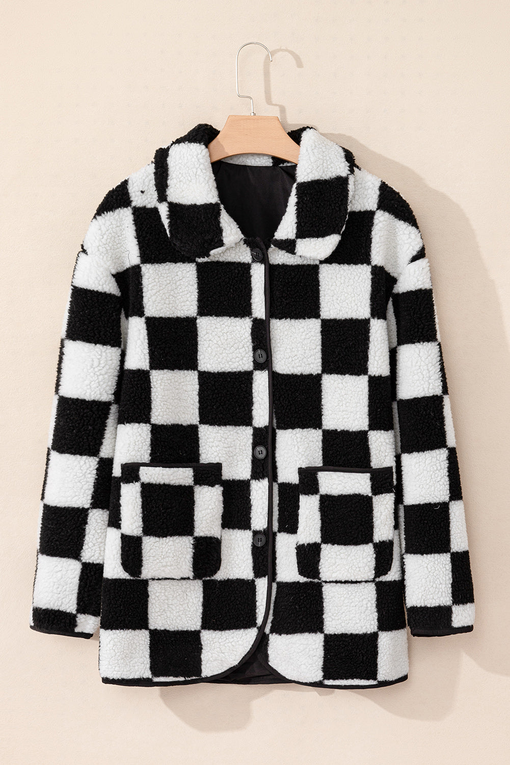 Black Checkered Side Pockets Collared Buttoned Fleece Jacket Jackets JT's Designer Fashion