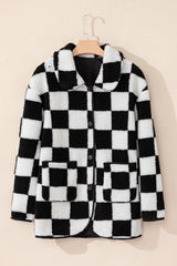 Black Checkered Side Pockets Collared Buttoned Fleece Jacket Jackets JT's Designer Fashion