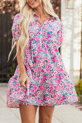 Pink Floral Collared Half Placket Short Sleeve Loose Dress Floral Dresses JT's Designer Fashion