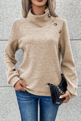 Apricot Asymmetric Buttons Detail High Neck Textured Sweatshirt Sweatshirts & Hoodies JT's Designer Fashion