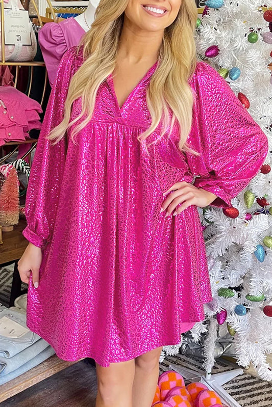 Rose Red Metallic Leopard Print Collared Babydoll Mini Dress Mini Dresses JT's Designer Fashion