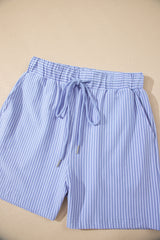 Sky Blue Stripe Dolman Sleeve Polo Shirt and Drawstring Shorts Set Short Sets JT's Designer Fashion