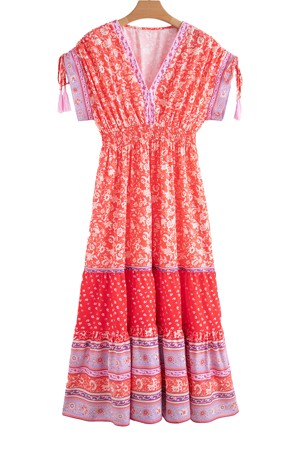 Red Floral Print Tasseled Tied Sleeve Empire Waist Maxi Dress Floral Dresses JT's Designer Fashion