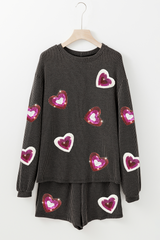 Carbon Grey Valentine Sequin Heart Corded Pullover and Shorts Set Graphic Sets JT's Designer Fashion