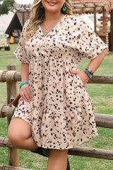 Beige Printed Surplice V Neck Cuffed Sleeve Empire Waist Plus Size Dress Plus Size Mini Dresses JT's Designer Fashion