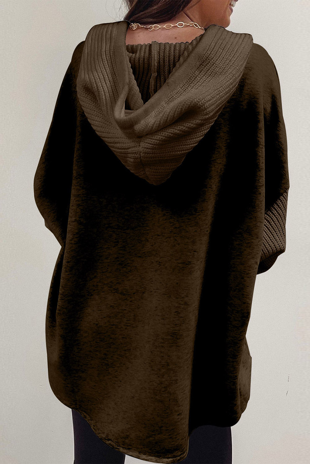Dark Brown Button Up Contrast Knitted Sleeves Hooded Jacket Jackets JT's Designer Fashion