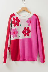 Rose Red Floral Mixed Color Block Sweater Sweaters & Cardigans JT's Designer Fashion