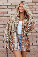 Khaki Plaid Colorblock Patchwork High Low Shacket Khaki 100%Polyester Plaid Shackets JT's Designer Fashion