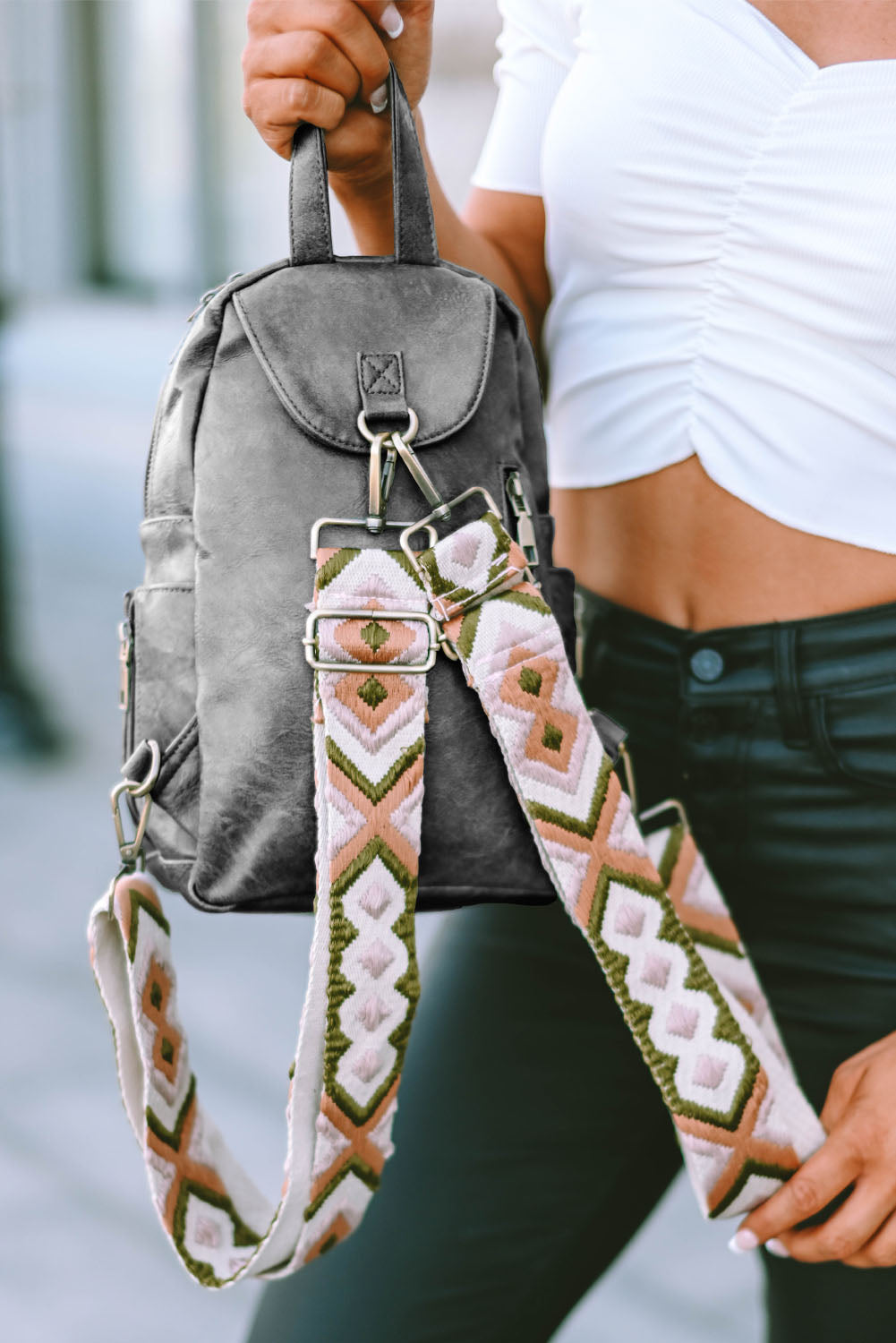Gray Double Zipper Faux Leather Backpack Backpacks JT's Designer Fashion