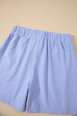 Sky Blue Stripe Dolman Sleeve Polo Shirt and Drawstring Shorts Set Short Sets JT's Designer Fashion
