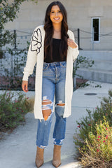 Beige Flower Embroidered Drop Shoulder Open Front Duster Cardigan Cardigans JT's Designer Fashion