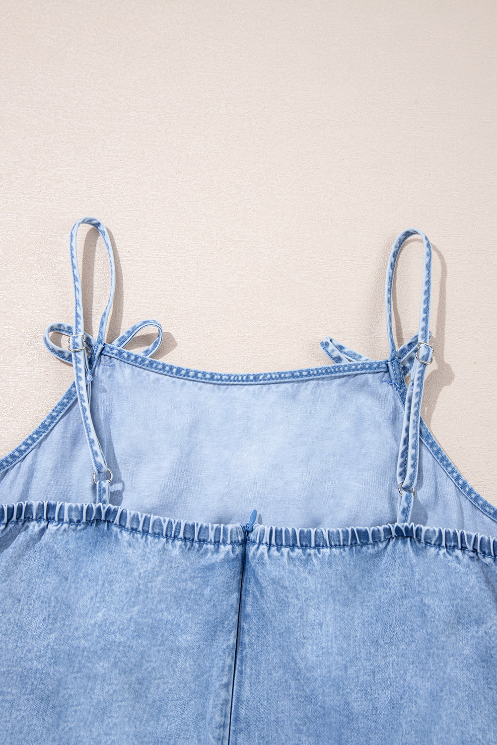 Beau Blue Bow Detail Spaghetti Straps Ruffle Hem Denim Short Dress Mini Dresses JT's Designer Fashion