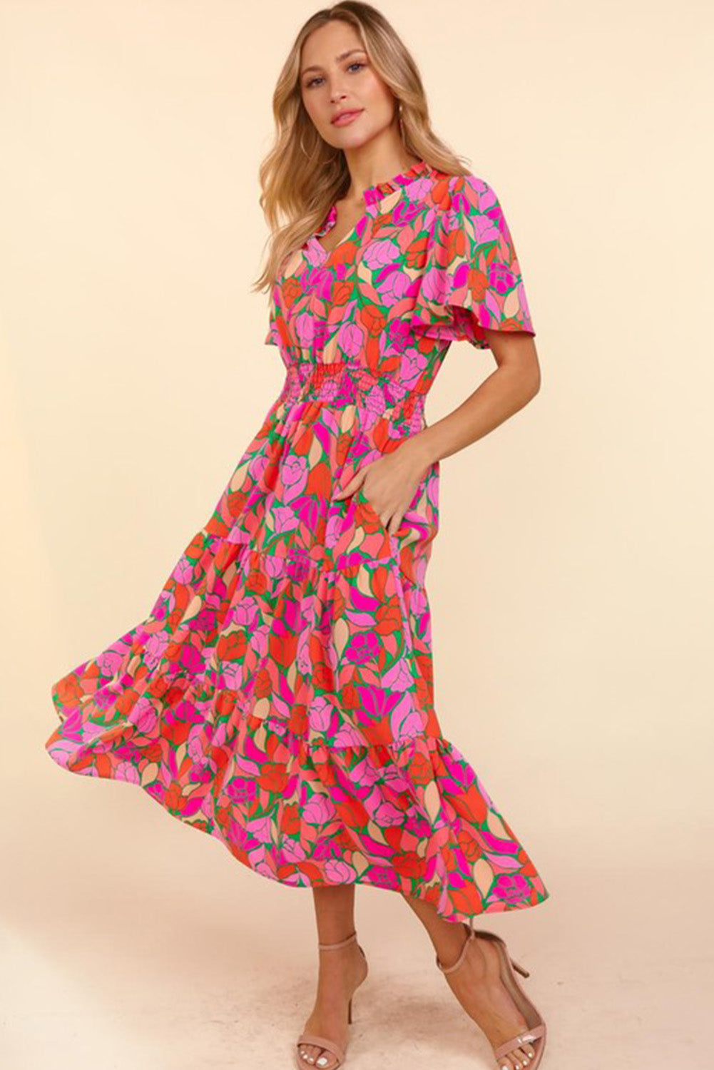 Rose Floral Short Sleeve Smocked Waist Maxi dress Dresses JT's Designer Fashion