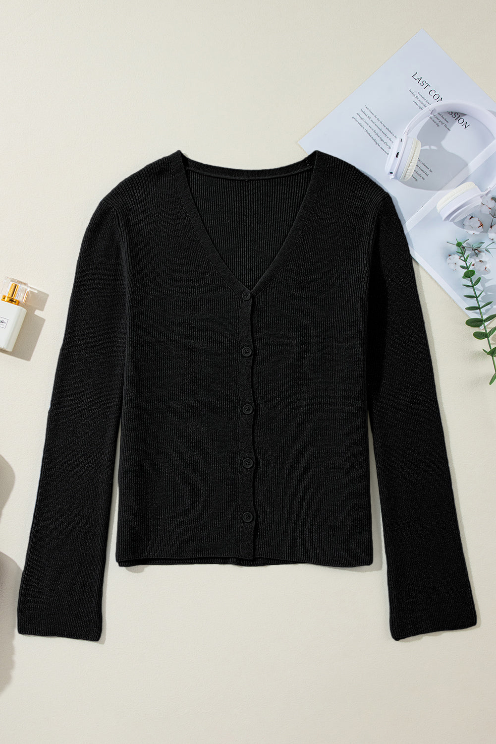 Black Lightweight Ribbed Knit Button Front V Neck Cardigan Cardigans JT's Designer Fashion
