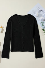 Black Lightweight Ribbed Knit Button Front V Neck Cardigan Cardigans JT's Designer Fashion