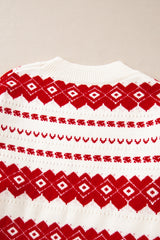 White Western Geometric Patterned Crew Neck Loose Sweater Sweaters JT's Designer Fashion