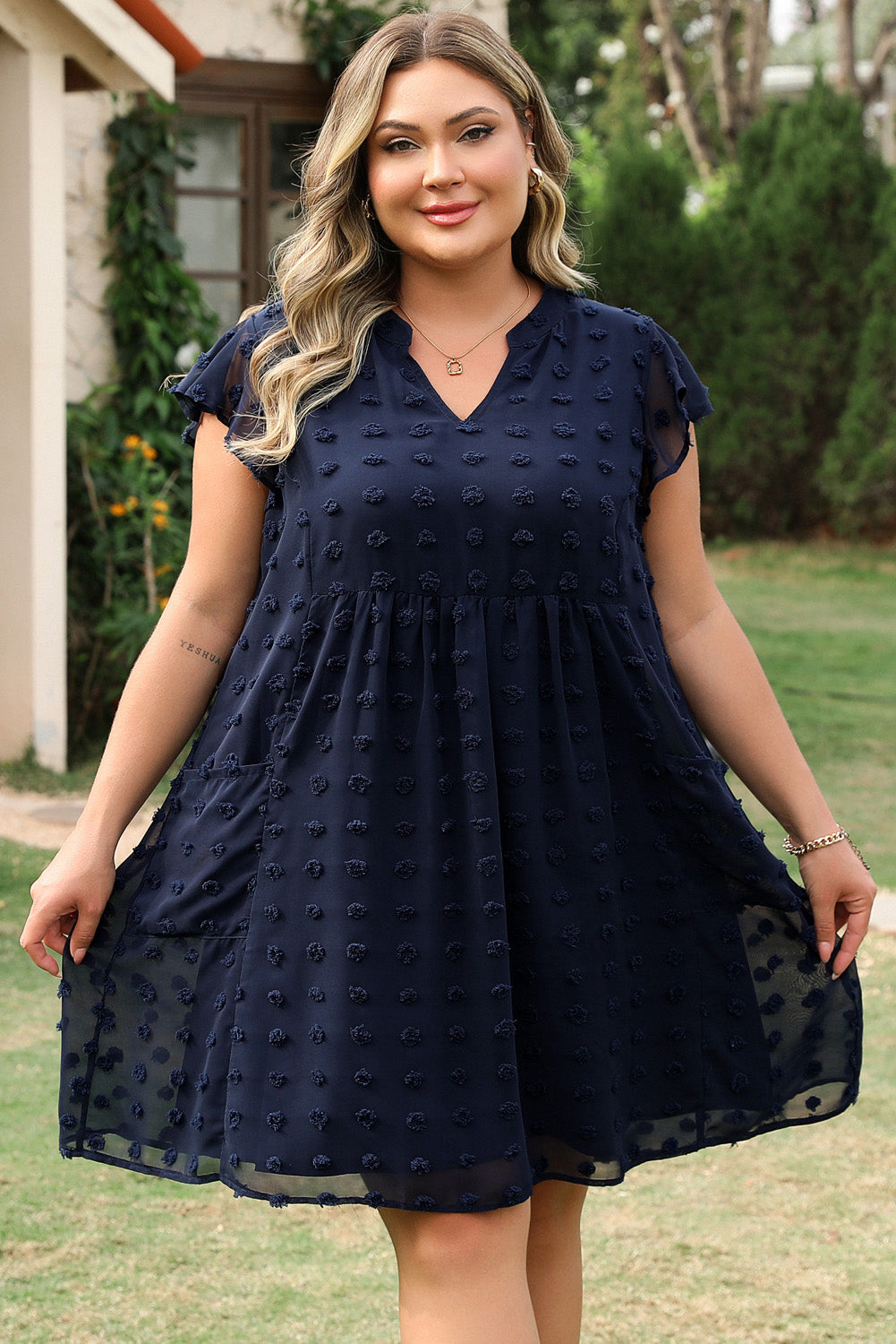 Navy Blue Dotty Textured Notched Neck Plus Ruffled Dress Plus Size Mini Dresses JT's Designer Fashion
