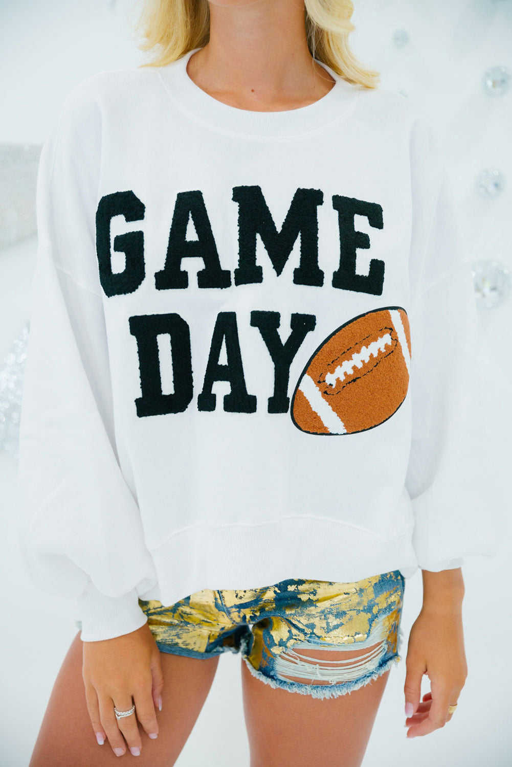 White GAME DAY Graphic Varsity Pullover Sweatshirt Sweatshirts & Hoodies JT's Designer Fashion