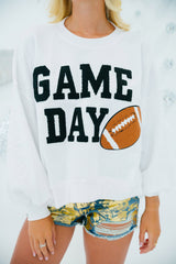 White GAME DAY Graphic Varsity Pullover Sweatshirt Sweatshirts & Hoodies JT's Designer Fashion