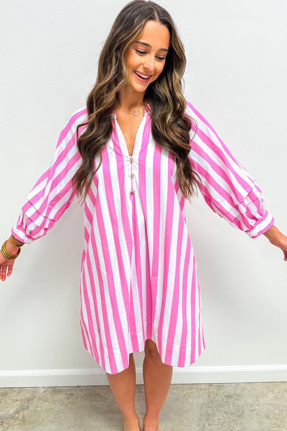 Rose Stripe Bracelet Sleeve Buttons Loose Mini Dress Mini Dresses JT's Designer Fashion