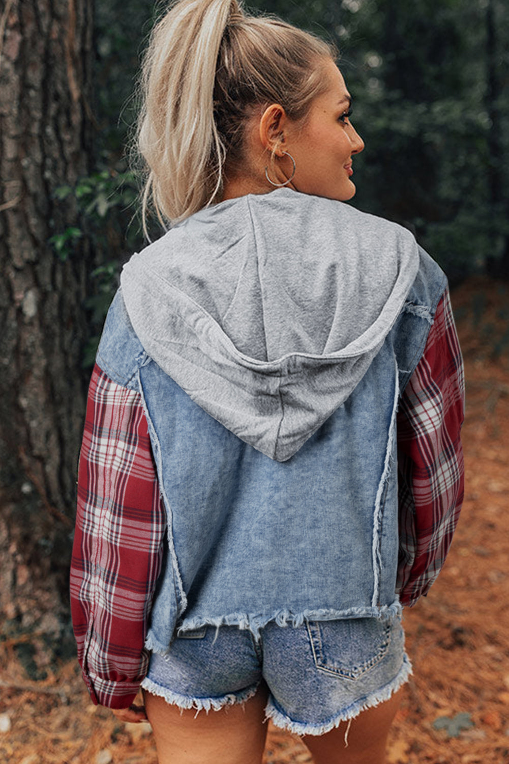 Beau Blue Plaid Print Patchwork Hooded Raw Hem Denim Jacket Denim Jackets JT's Designer Fashion