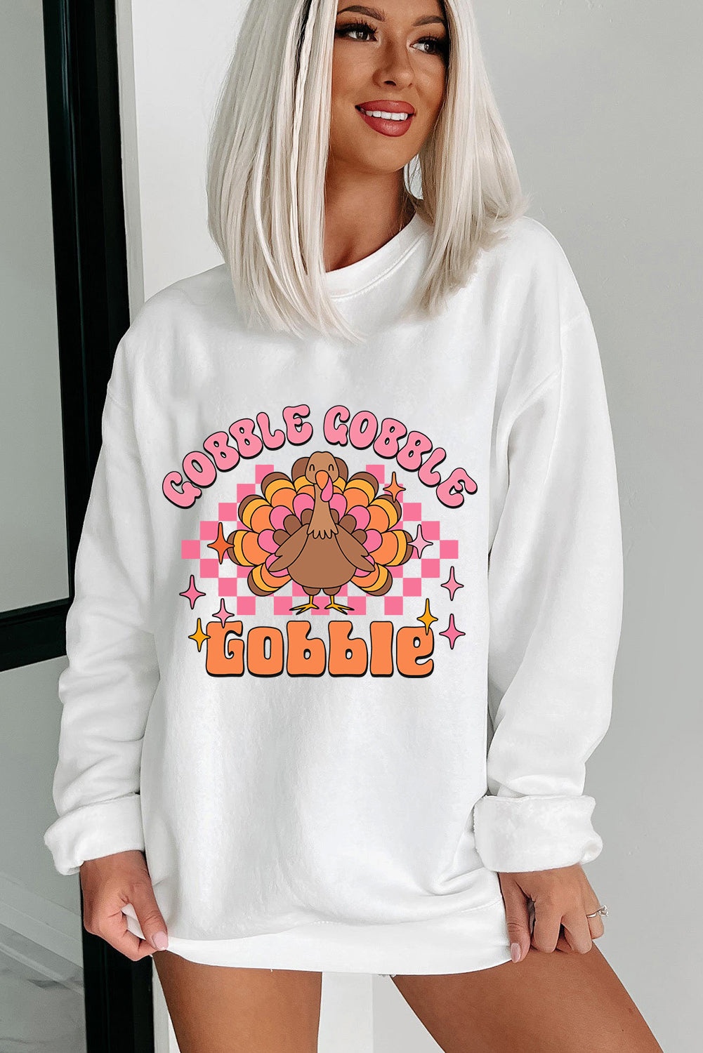 White Gobble Gobble Turkey Graphic Crewneck Thanksgiving Sweatshirt Graphic Sweatshirts JT's Designer Fashion