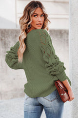 Green Hollow-out Puffy Sleeve Knit Sweater Sweaters JT's Designer Fashion
