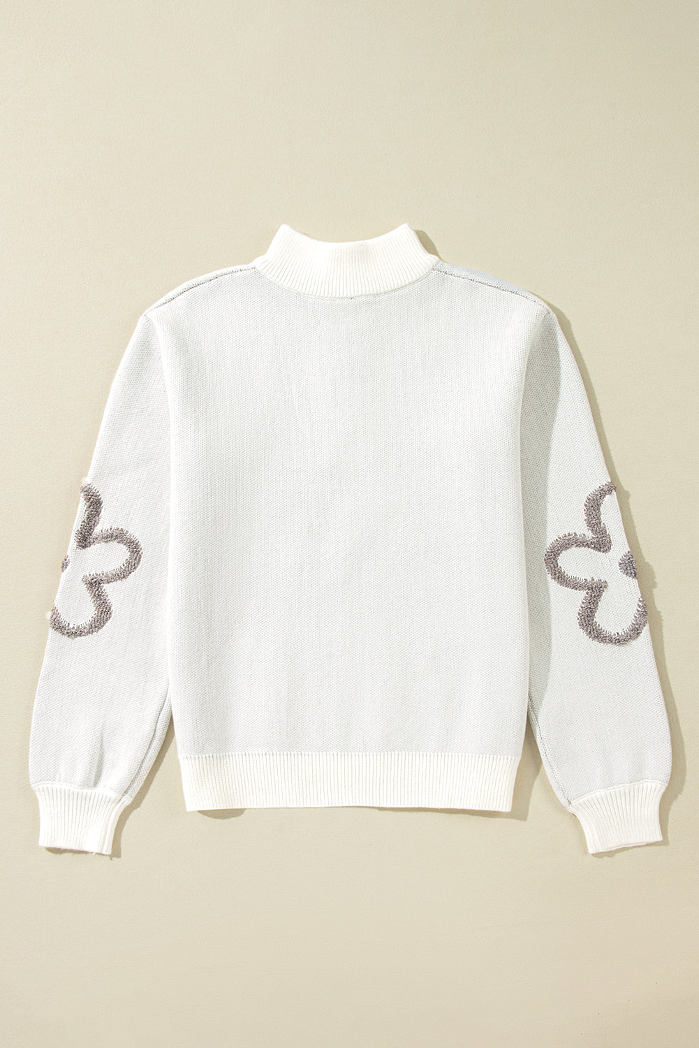 White Contrast Flower Half Zipper Stand Neck Sweater Sweaters JT's Designer Fashion