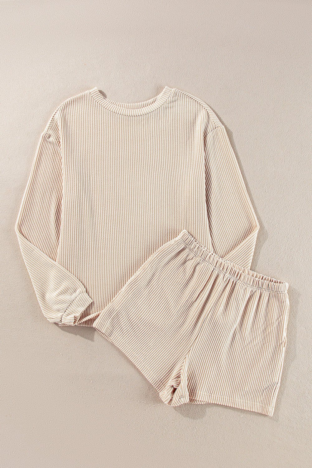 Parchment Corded Knit Long Sleeve Top and High Waist Shorts Set Short Sets JT's Designer Fashion