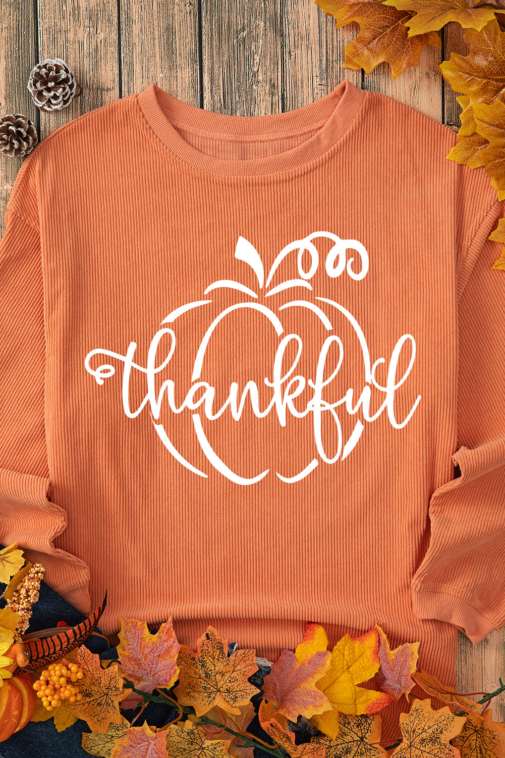 Orange Pumpkin thankful Graphic Corded Thanksgiving Sweatshirt Graphic Sweatshirts JT's Designer Fashion