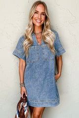 Beau Blue Short Sleeve Collared Patched Pocket Denim Mini Dress Mini Dresses JT's Designer Fashion