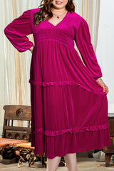 Rose Red Shirred V Neck Tiered Ruffled Velvet Plus Size Maxi Dress Plus Size Dresses JT's Designer Fashion