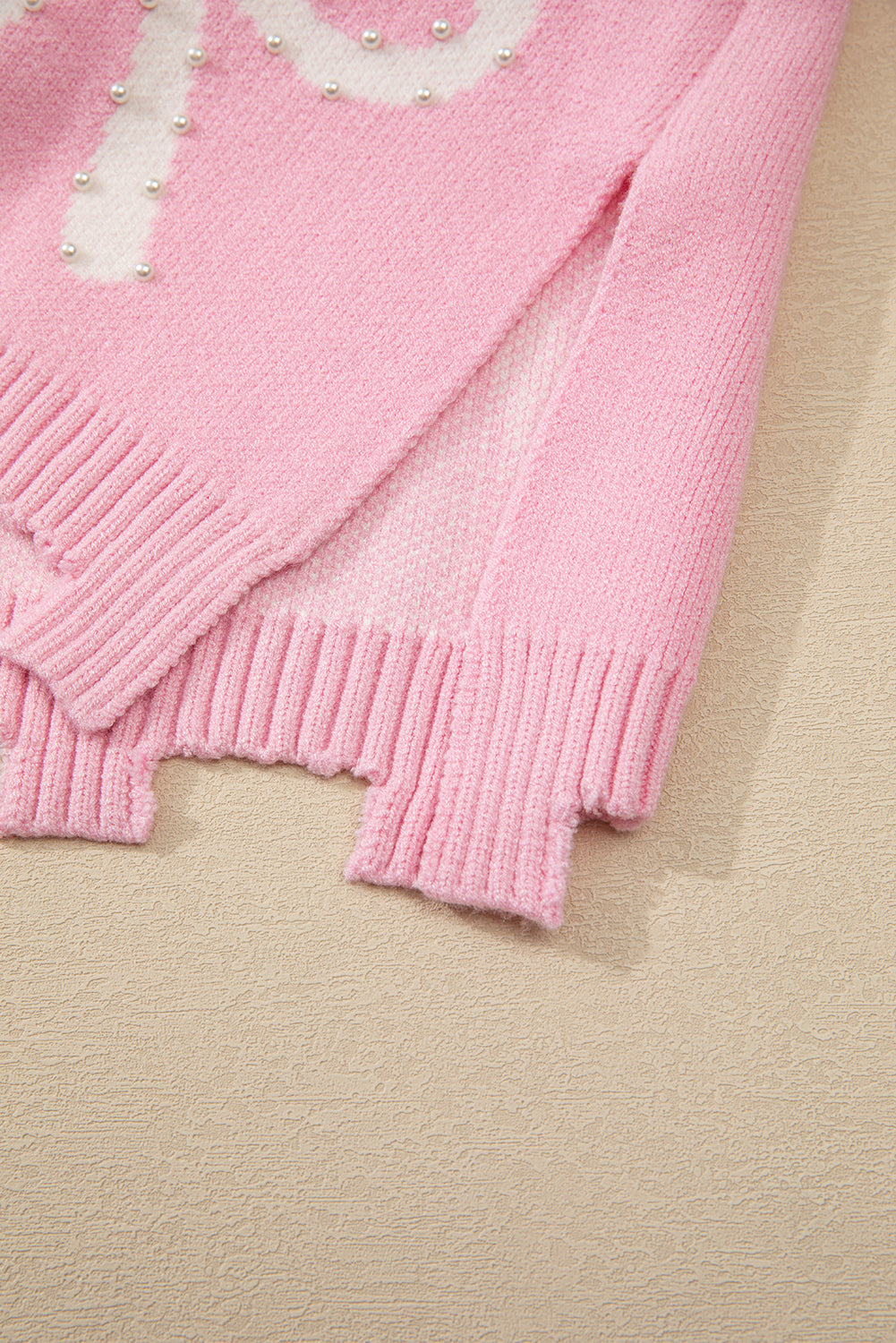 Pink Pearl Beaded Bowknot Pattern Distressed Split Hem Sweater Sweaters JT's Designer Fashion