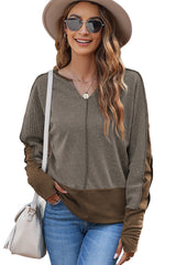 Brown Contrast Patchwork Thumbhole Sleeve Top Long Sleeve Tops JT's Designer Fashion
