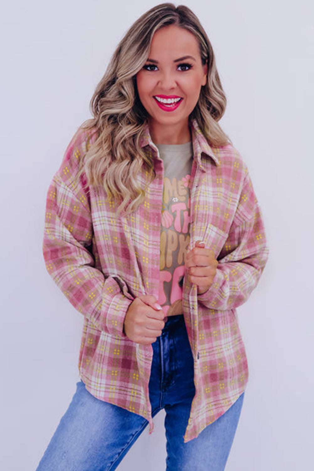 Pink Plaid Print Chest Pocket Long Sleeve Shacket Plaid Shackets JT's Designer Fashion