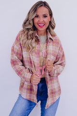 Pink Plaid Print Chest Pocket Long Sleeve Shacket Plaid Shackets JT's Designer Fashion