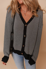 White Stripe Buttoned Front V Neck Herringbone Cardigan Cardigans JT's Designer Fashion