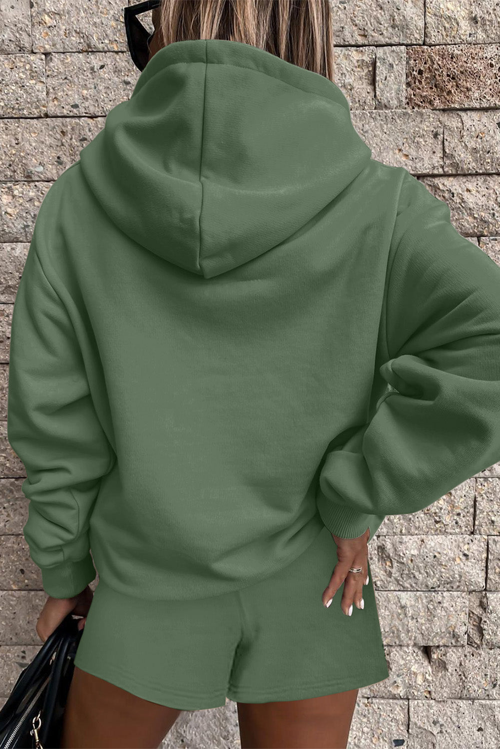Mist Green Button Drawstring Hooded Pullover and Casual Short Set Short Sets JT's Designer Fashion