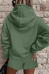 Mist Green Button Drawstring Hooded Pullover and Casual Short Set Short Sets JT's Designer Fashion