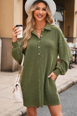 Moss Green Corded Buttons Placket Drop Shoulder Collared Shift Dress Mini Dresses JT's Designer Fashion