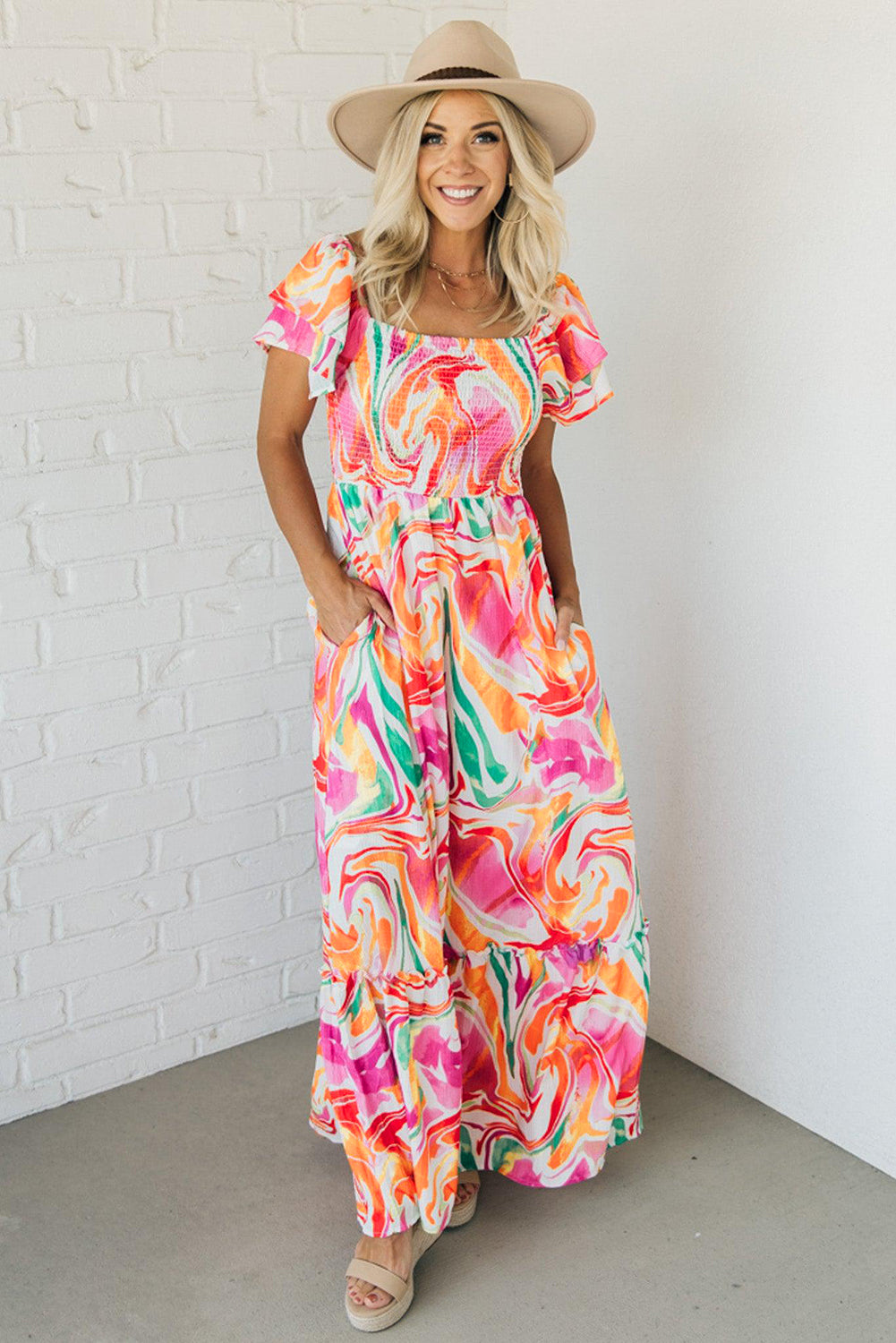 Pink Abstract Print Ruffled Sleeve Smocked Bust Long Dress Maxi Dresses JT's Designer Fashion