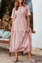 Pink Puff Sleeve Pleated High Waist Flowy Long Dress Pink 100%Polyester Maxi Dresses JT's Designer Fashion