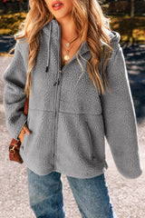 Medium Grey Fleece Zip Up Drawstring Hooded Pocketed Jacket Medium Grey 100%Polyester Jackets JT's Designer Fashion