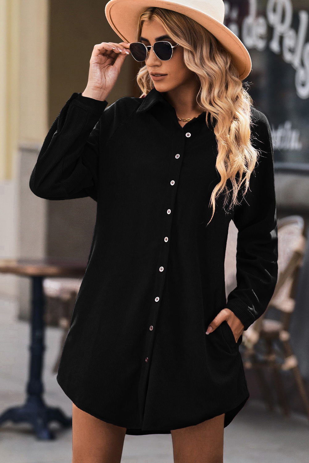 Black Corduroy Shirt Style Full Button Long Sleeve Shift Mini Dress Mini Dresses JT's Designer Fashion