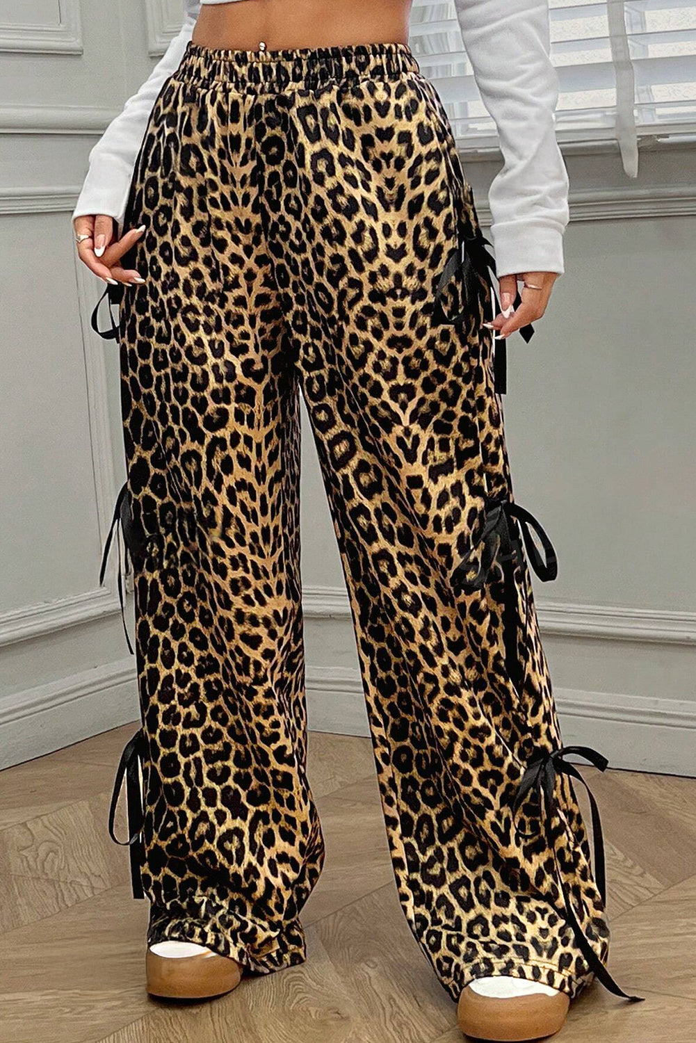 Brown Leopard Print Bow Tie Drawstring Elastic Waist Loose High Waist Pants Pants & Culotte JT's Designer Fashion