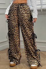 Brown Leopard Print Bow Tie Drawstring Elastic Waist Loose High Waist Pants Pants & Culotte JT's Designer Fashion
