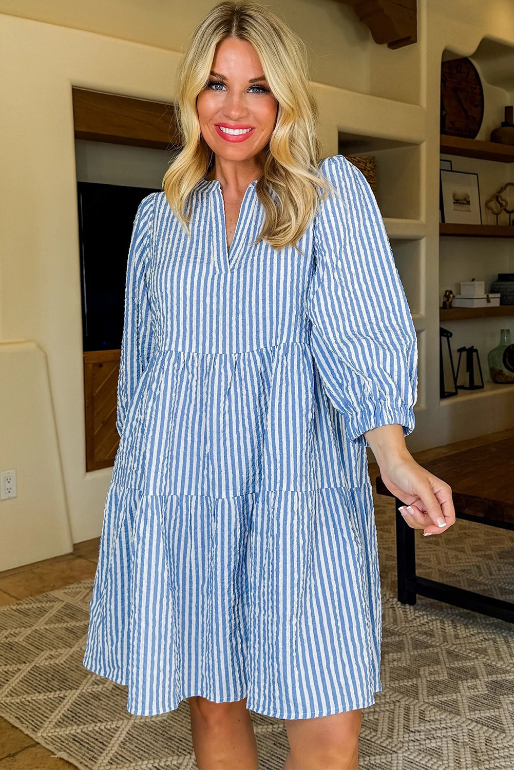 Sky Blue Stripe Bracelet Sleeve Tiered Shift Dress with Pockets JT's Designer Fashion